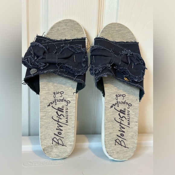 Blowfish Malibu The Fondue Blue Denim Bow Slides Sandals Women’s Size 10 Casual - Picture 1 of 14